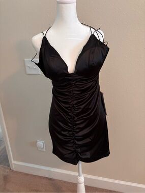 Black Satin Ruched Slip Dress
